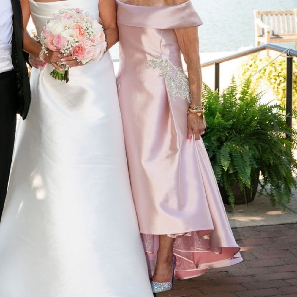 Frascara silk baby pink high low gown with rhinestone leaf appliqué
